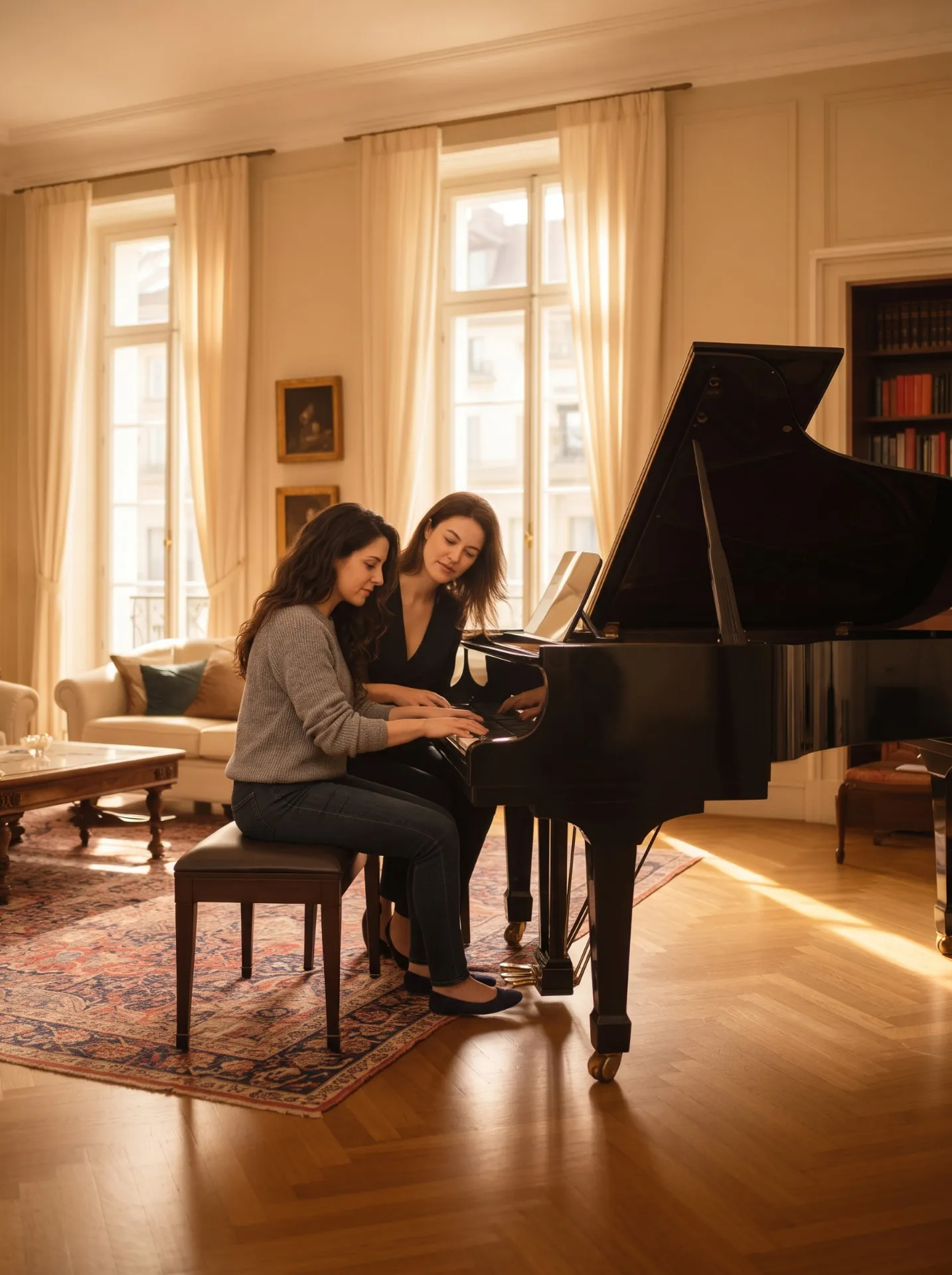 Piano lesson at home: a student plays while the teacher listens attentively
