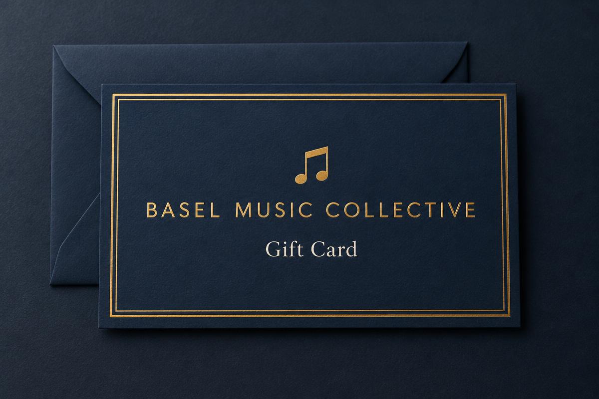 Basel Music Collective navy and gold gift card mockup